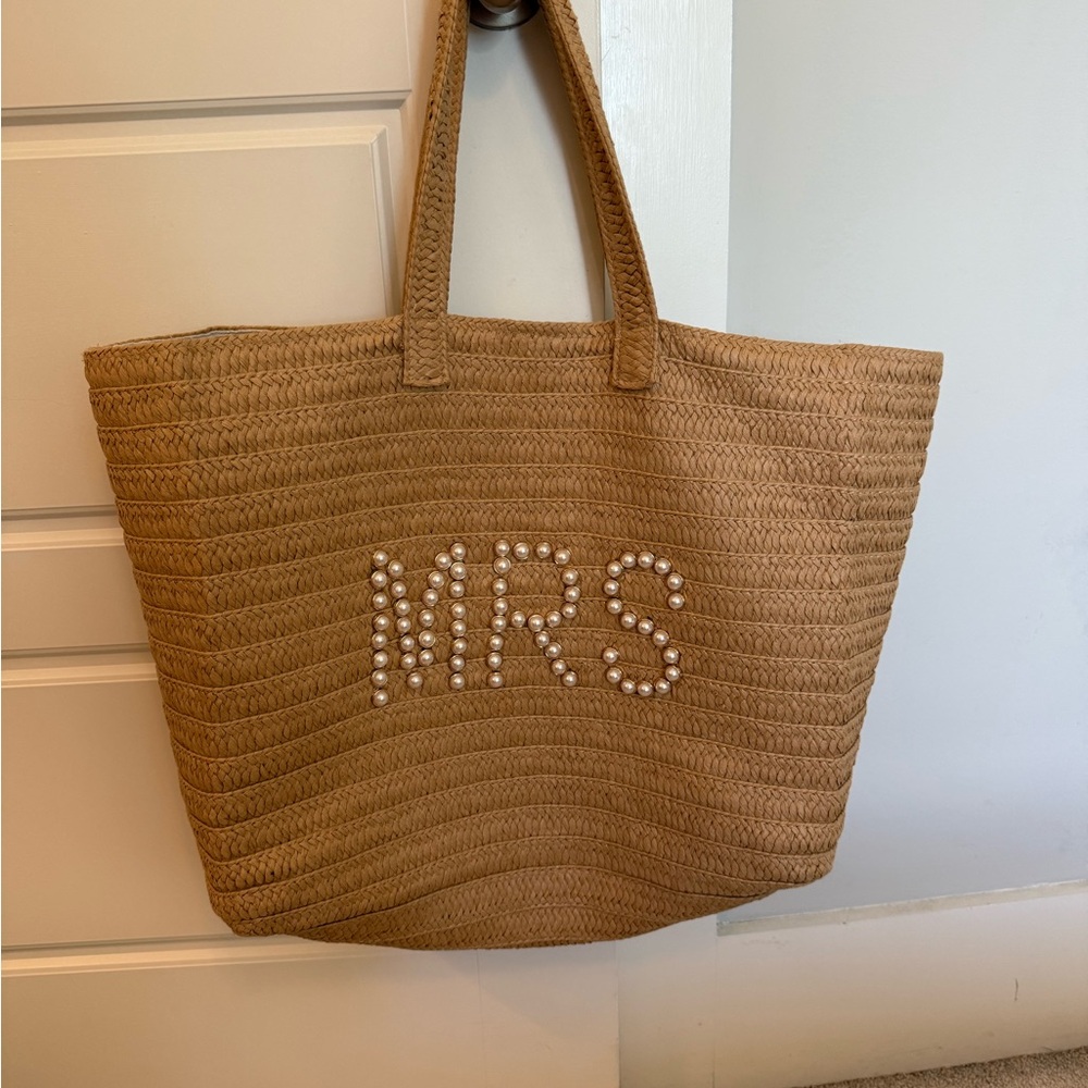 “MRS” Tan Woven Tote Bag with Horizontal Weave Pattern
